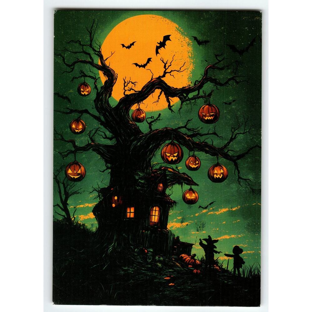 Vintage Halloween Postcard Spooky Jack-o'-Lantern Tree with Full Moon